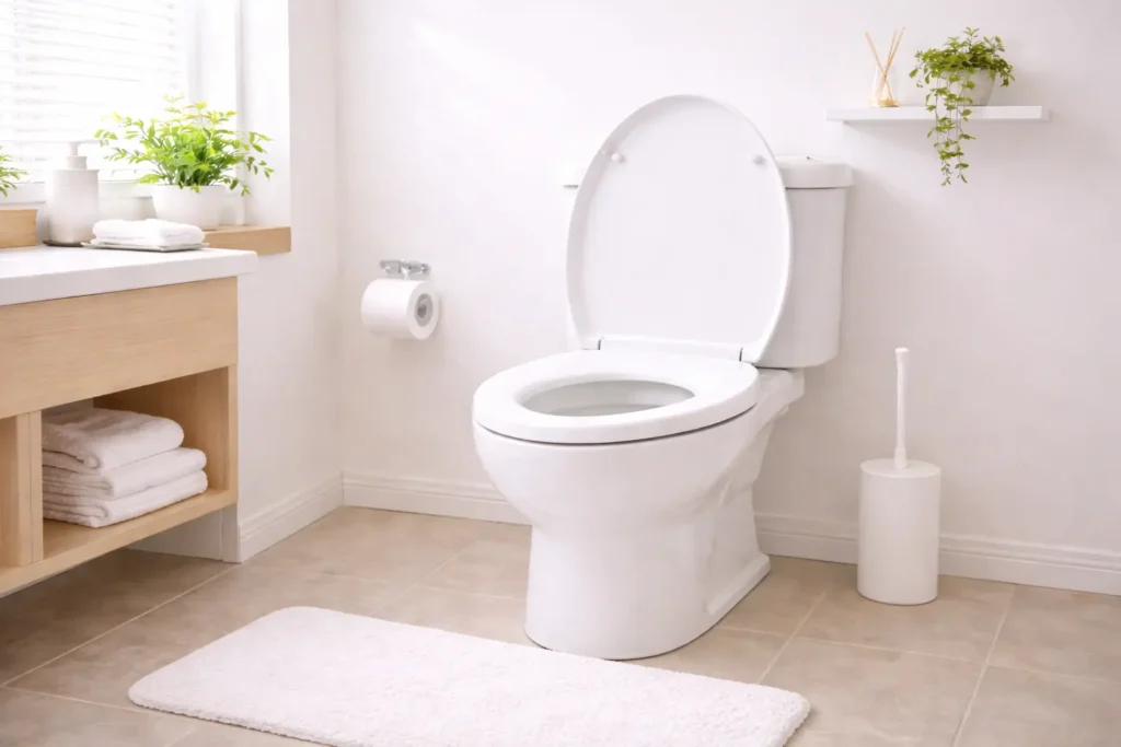 白を基調とした明るく清潔なトイレ空間を横長構図で写したアイキャッチ画像