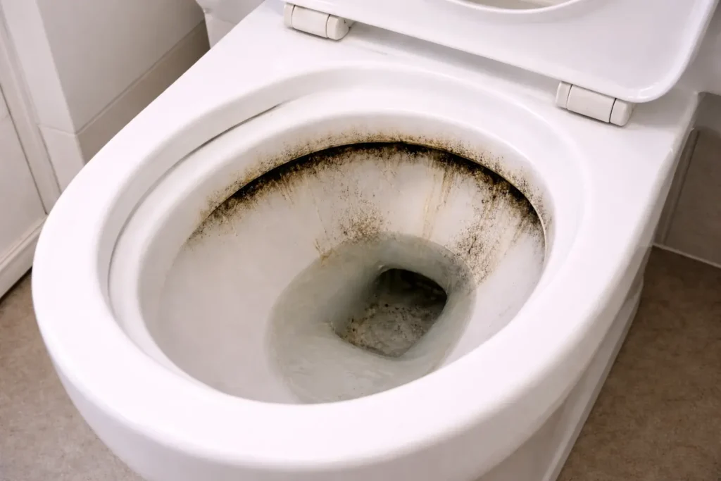 トイレの便器を少し引いた構図で撮影した写真。フチ裏と内側に黒ずみ汚れが発生している状態