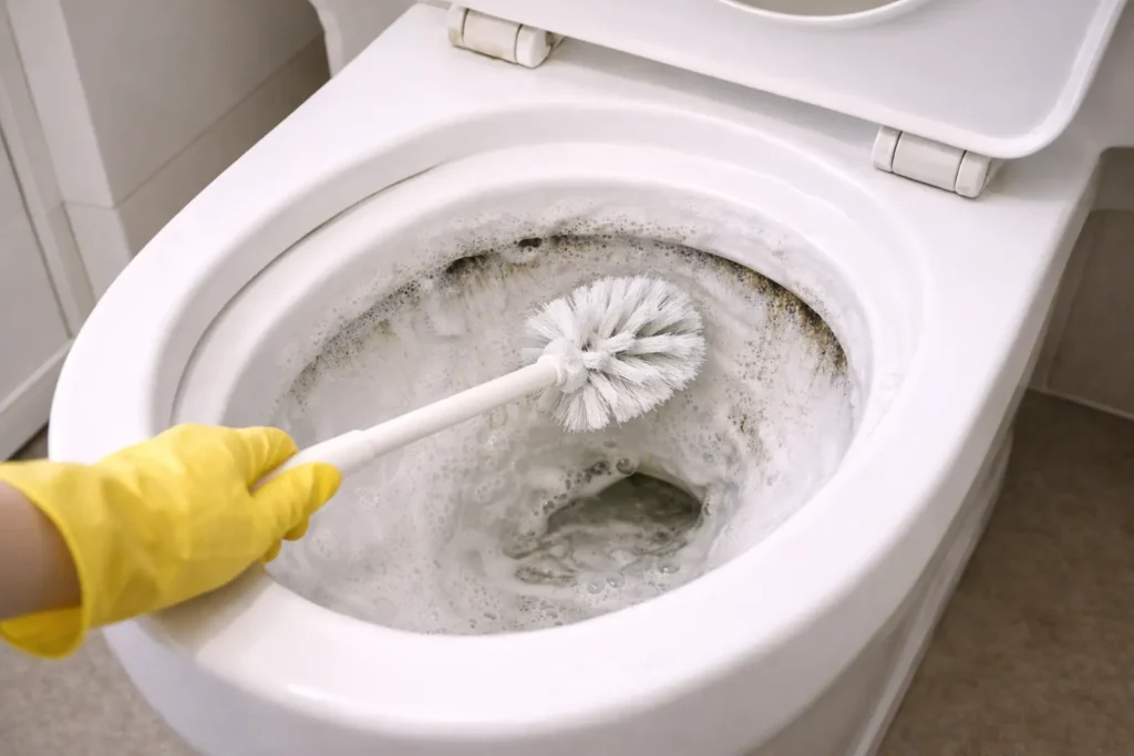 ゴム手袋をした手でトイレブラシを使い、便器内を掃除している様子の写真