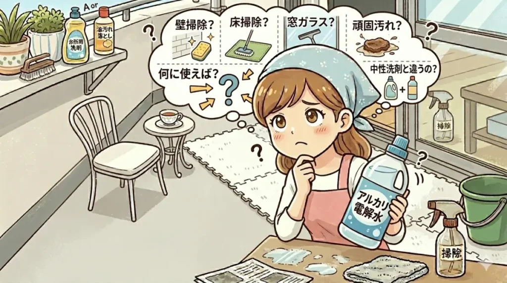 アルカリ電解水を手に持ちどうやって使ったらいいのか悩んでいるイメージ