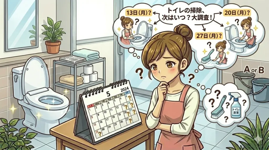 カレンダーを見てつぎにいつトイレの掃除をするか考えているイメージ