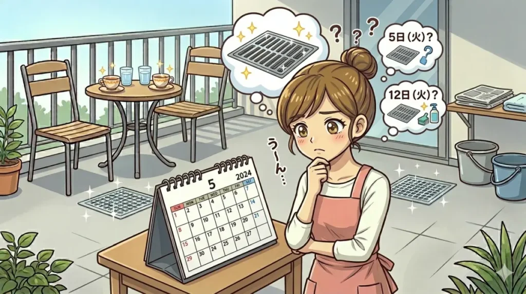 カレンダーを見てつぎにいつ排水口の掃除をするか考えているイメージ
