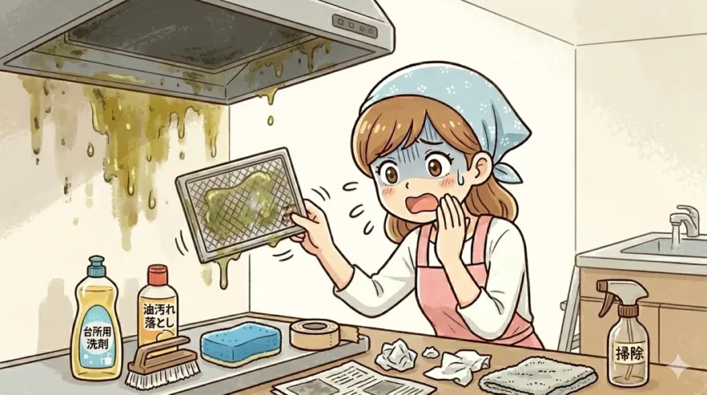 キッチンの換気扇フィルターを取り外して掃除しているイメージ
