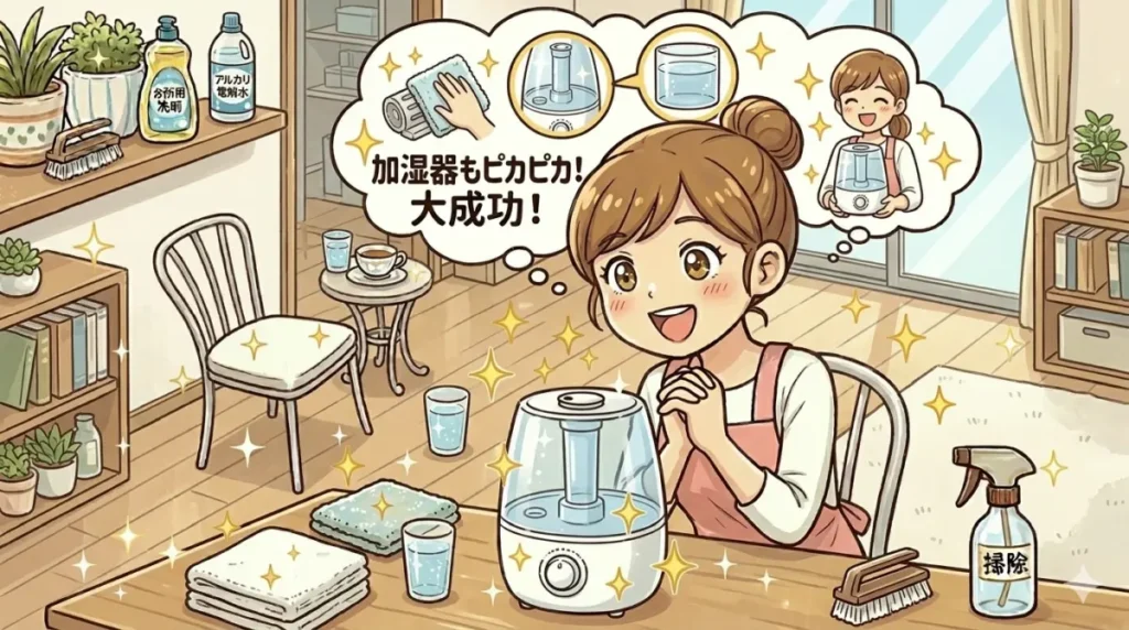 加湿器を清掃してピカピカにしているイメージ