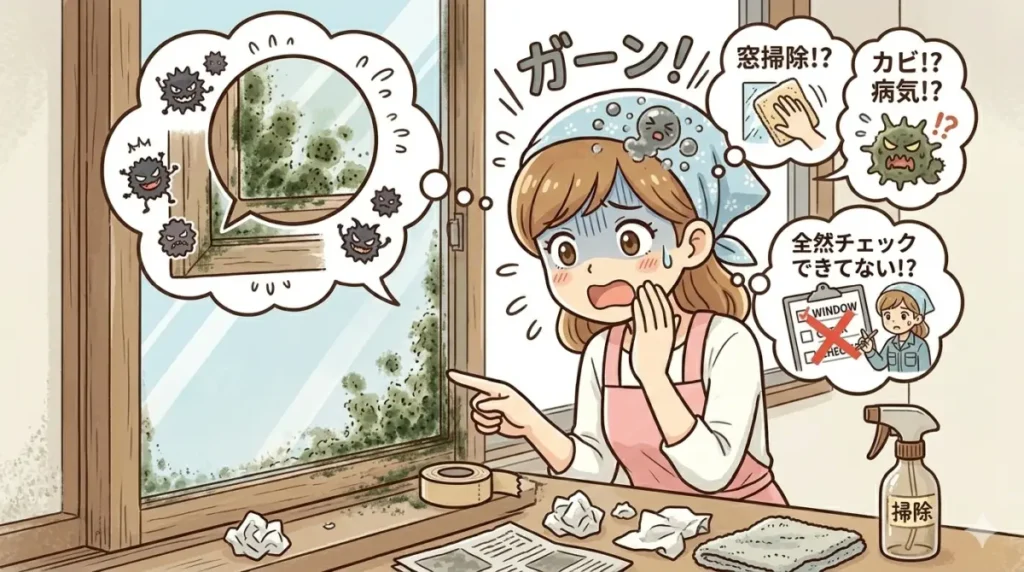 窓サッシにカビが生えているアップのイメージ