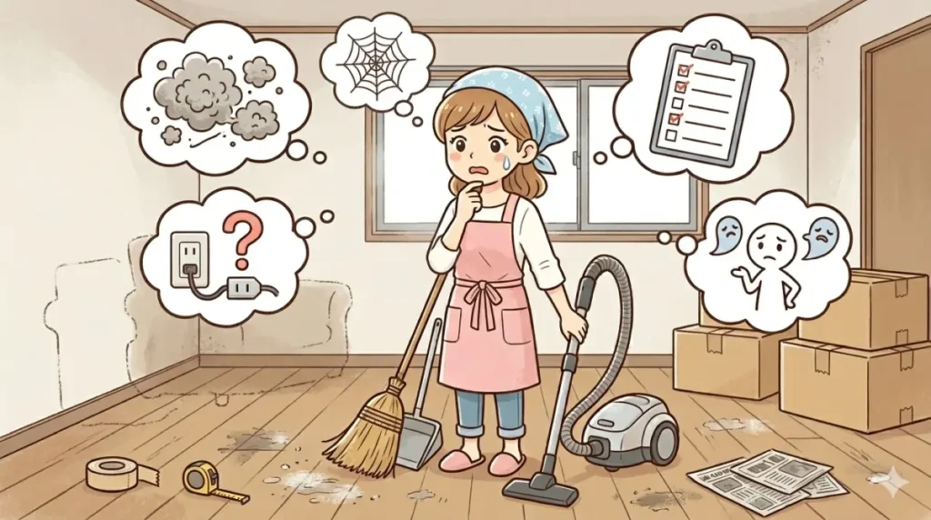 退去前の部屋でそうじ道具を持って困っている様子のイラスト