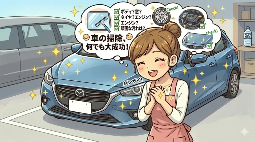 きれいになった車の前で喜んでいるイメージ