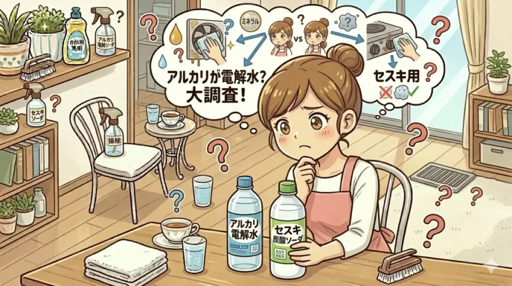 アルカリ電解水とセスキ炭酸ソーダを手に持ちどちらがいいのか悩んでいるイメージ