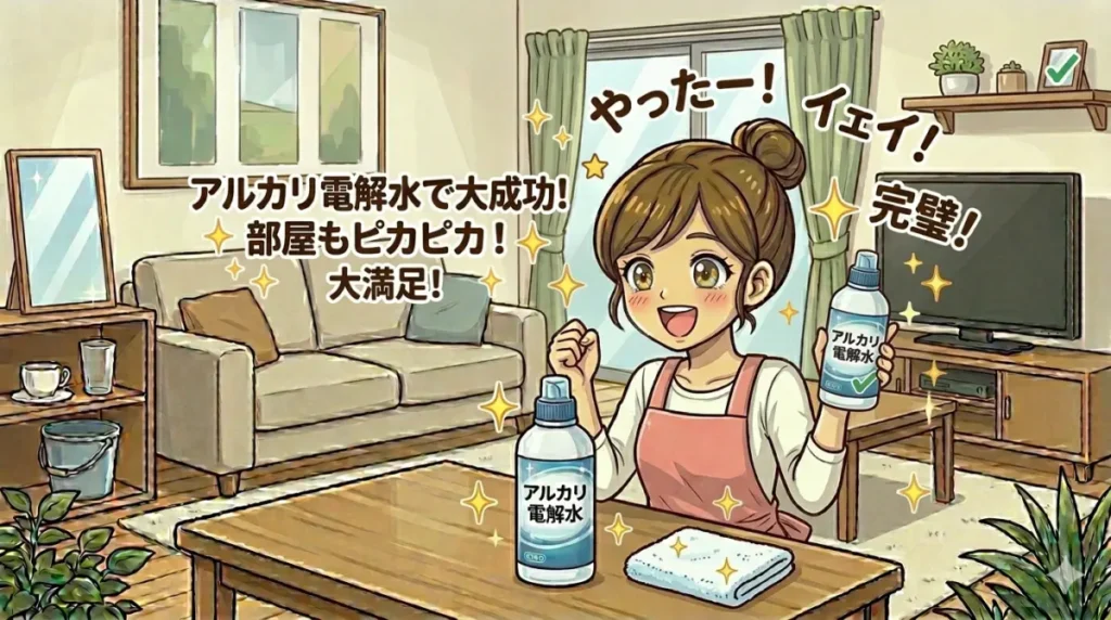 アルカリ電解水と雑巾を手に持ちピカピカになった部屋で喜んでいるイメージ