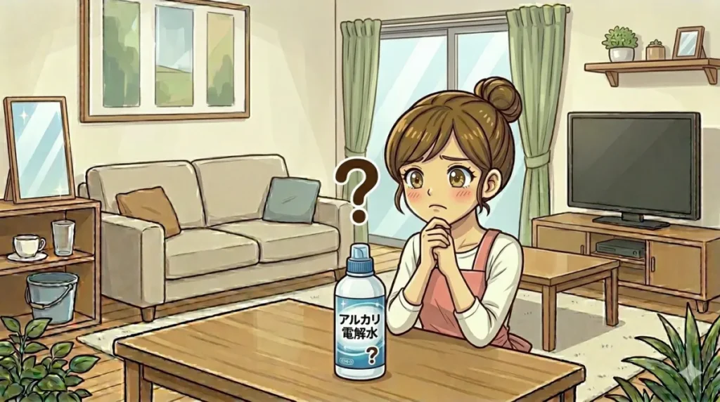 アルカリ電解水をみつめて悩んでいるイメージ