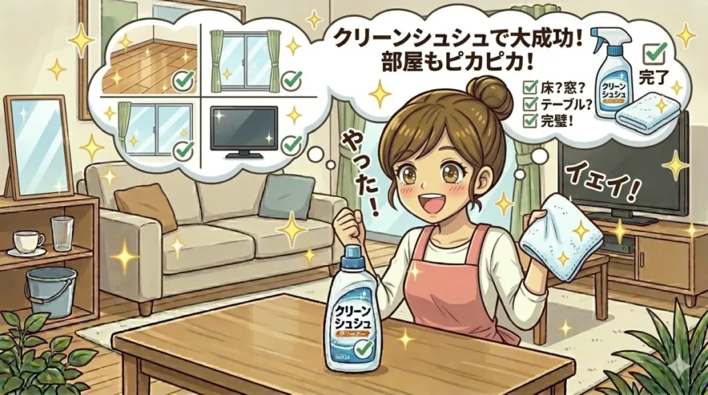 クリーンシュシュと雑巾を手に持ちピカピカになった部屋で喜んでいるイメージ