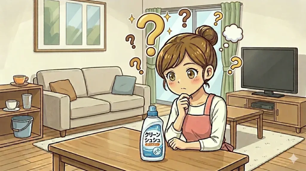 クリーンシュシュを見つめて、使い方や効果がわからず悩んでいるイメージ