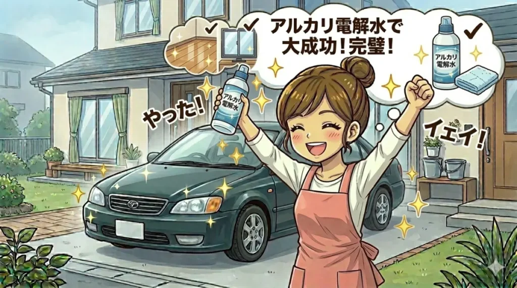 ピカピカになった車の前で喜んでいるイメージ