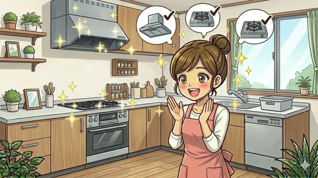 フローリングのキッチンでコンロと換気扇がピカピカになって喜んでいるイメージ