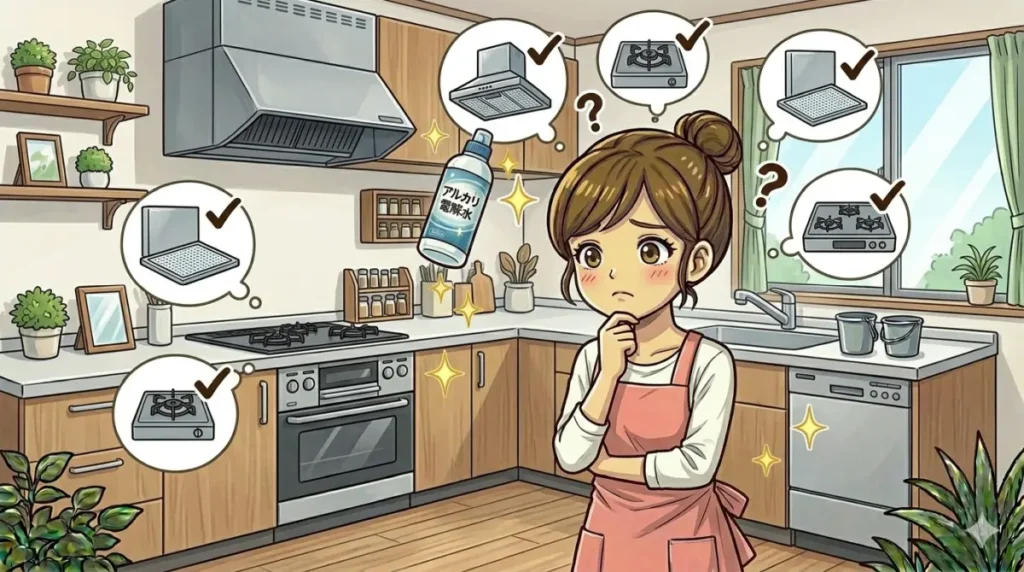 フローリングのキッチンでコンロと換気扇にアルカリ電解水が使えるか悩んでいるイメージ