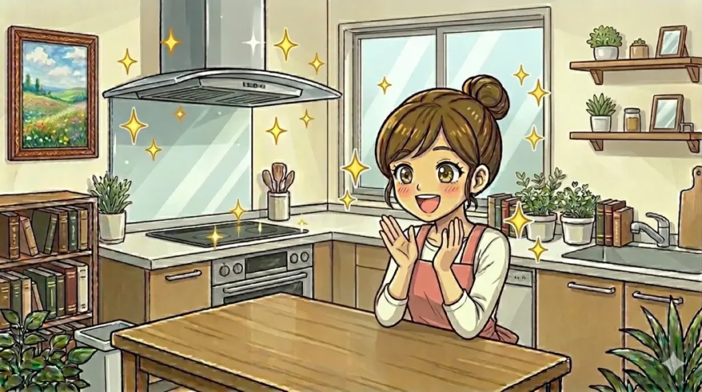 レンジフードがきれいになって喜んでいるイメージ
