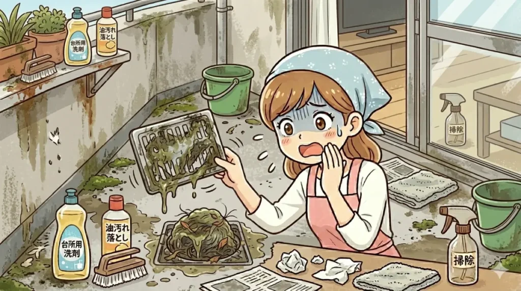 汚れたベランダの床と排水口まわりを掃除するイメージ