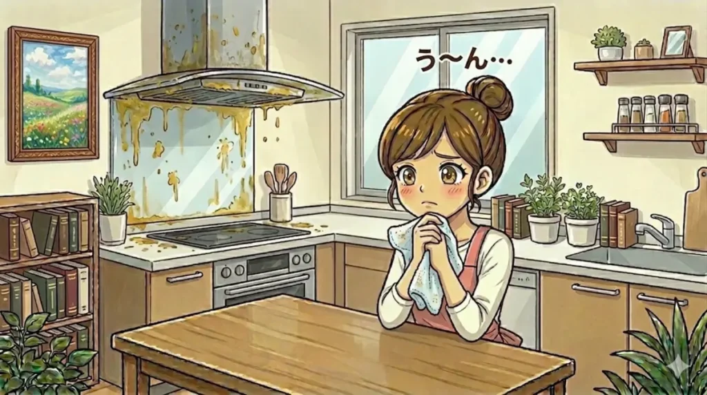 汚れたレンジフード前で悩む様子