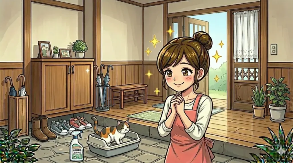 猫のトイレ砂が飛び散らず満足するイメージ