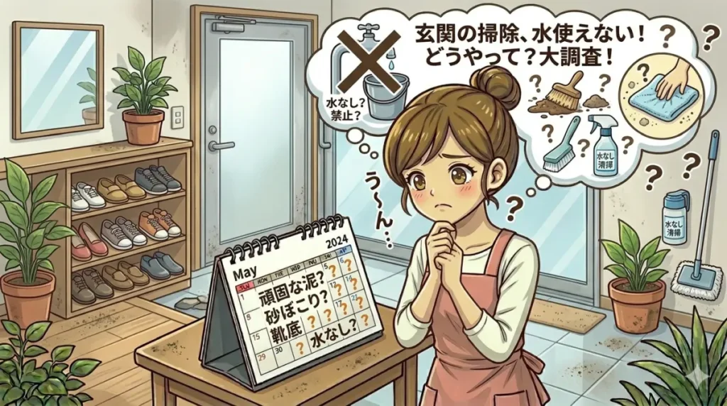 玄関を掃除するときに水を使えないのでどうやって掃除するか悩んでいるイメージ