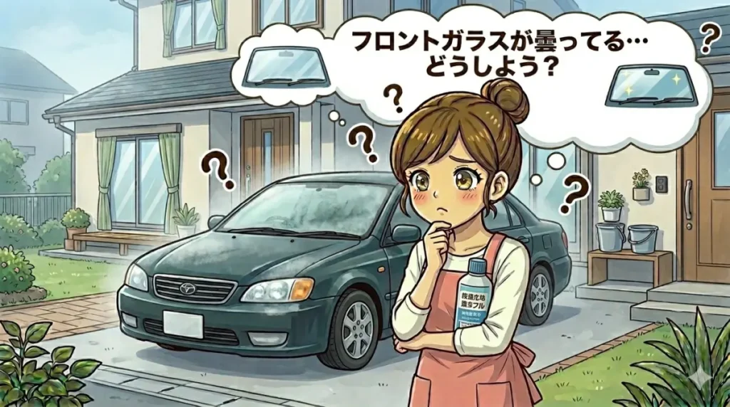 車の前でお掃除のやり方に悩んでいるイメージ