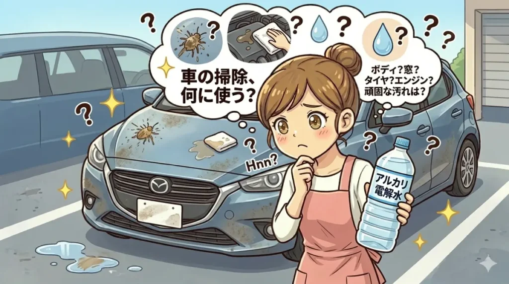 車の前に立ちアルカリ電解水を手に持ちどうやって使えばいいか悩んでいるイメージ