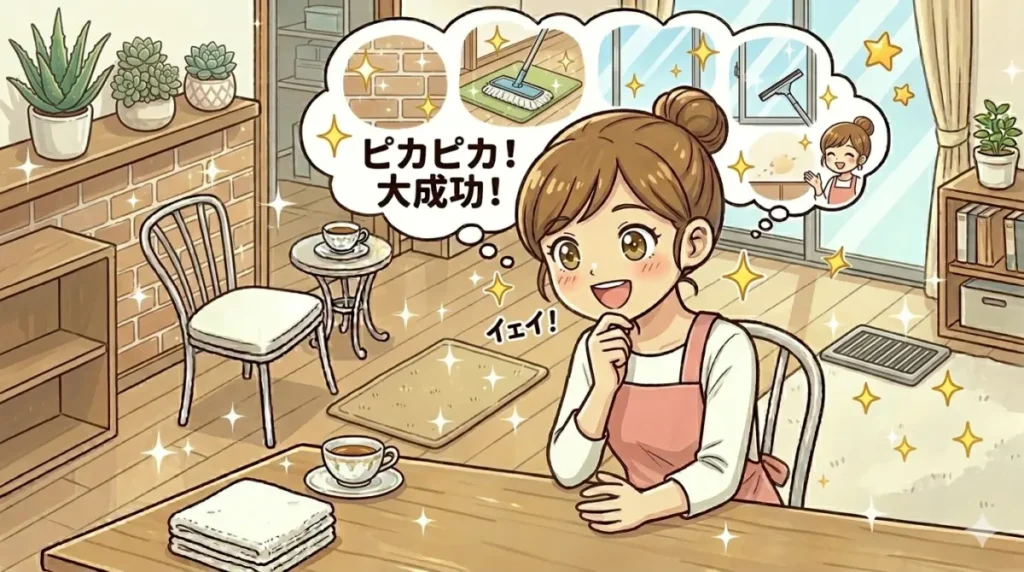部屋の中がピカピカになって喜んでいるイメージ