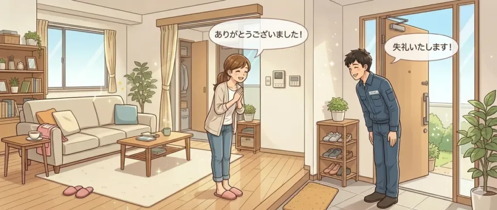 家事代行さんにお礼を言ってお見送りしているイメージ